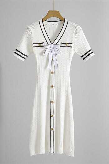 casual slight stretch bow decor single-breasted knitted midi dress