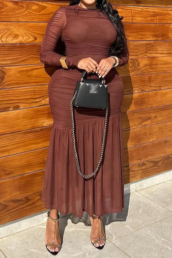 casual slight stretch see-through mesh stitching shirring maxi dress
