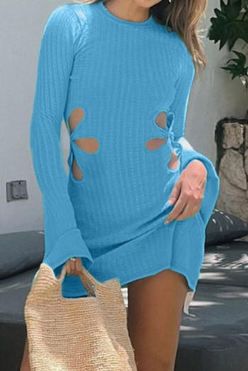 casual slight stretch solid color flower shape hollow mini dress