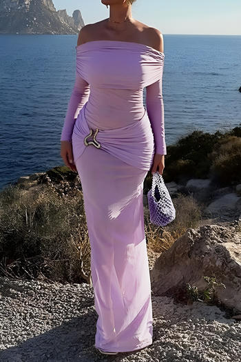 sexy slight stretch see-through mesh stitching pleated off-shoulder maxi dress