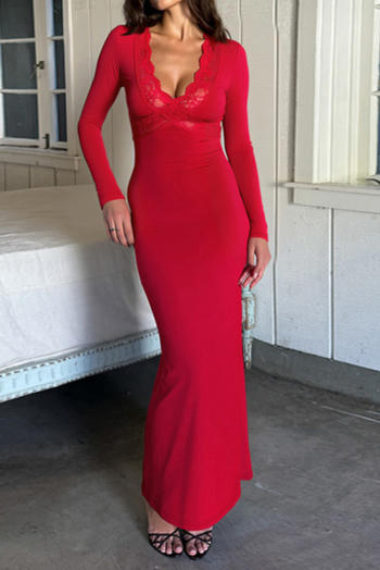 sexy slight stretch see-through lace splicing v-neck slim slit maxi dress