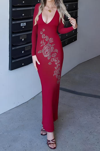 casual slight stretch v-neck rhinestone flowers decor slim slit maxi dress