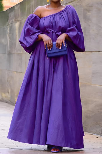 casual plus size non-stretch solid color loose maxi dress with belt
