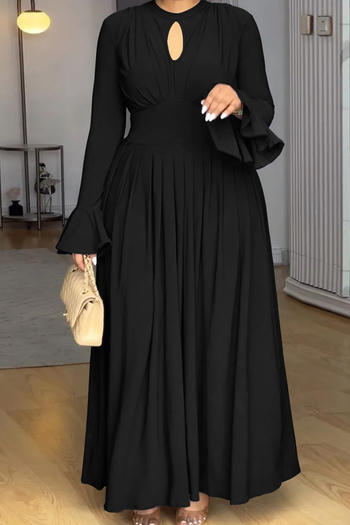 casual plus size non-stretch solid color flared long sleeves maxi dress