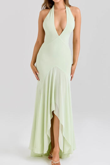 sexy non-stretch halter neck deep v-neck backless irregular hem maxi dress