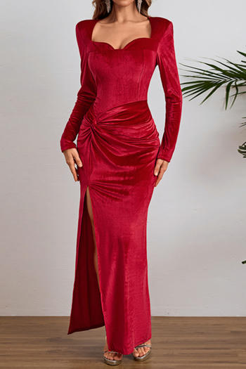 sexy slight stretch solid color velvet slim high slit pleated maxi dress