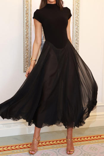 sexy slight stretch short-sleeved see-through mesh stitching midi dress
