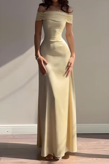 sexy slight stretch solid color pleated satin off-shoulder lace-up maxi dress