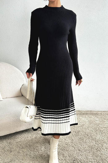 stylish slight stretch color-block knitted long sleeve sweater midi dress