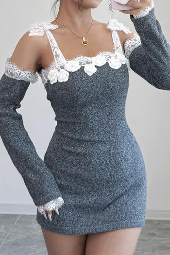 stylish slight stretch knitted lace stitching tie-shoulder mini dress