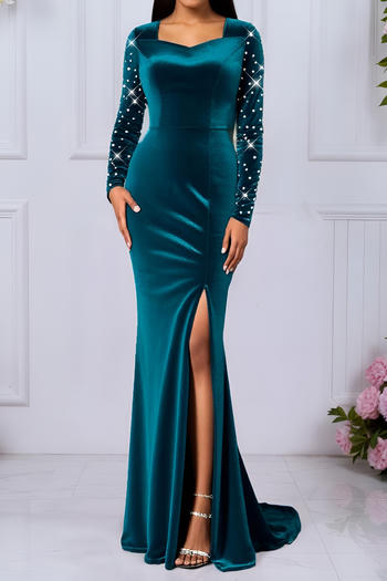 stylish plus size slight stretch velvet pearl decor high slit maxi dress