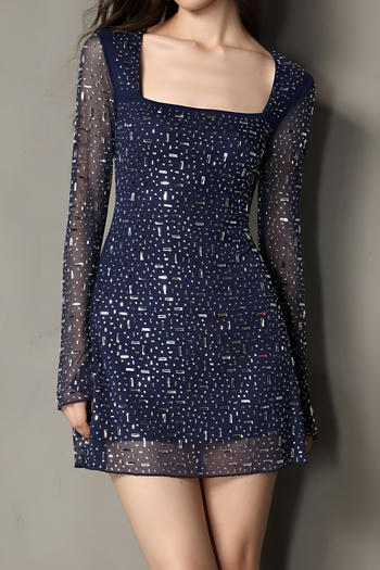 elegant non-stretch rhinestone decor mesh stitching square collar mini dress