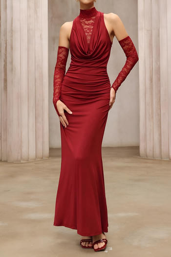 elegant slight stretch see through lace stitching maxi dress with sleeves