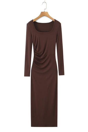 casual slight stretch solid color slim fit pleated square neck midi dress
