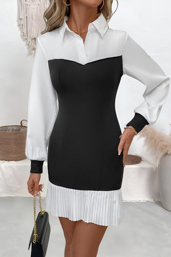 stylish slight stretch color-block long sleeve pleated mini dress