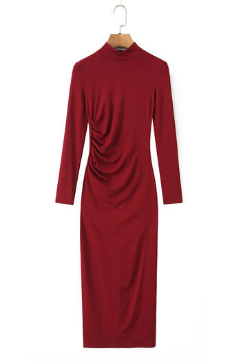casual slight stretch solid color slim fit pleated half high collar midi dress