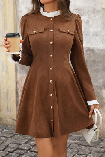 casual non-stretch corduroy stitching single-breasted long sleeve mini dress