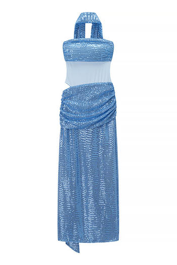 sexy stretch sequins stitching see-through mesh pleated maxi dress with ribbon