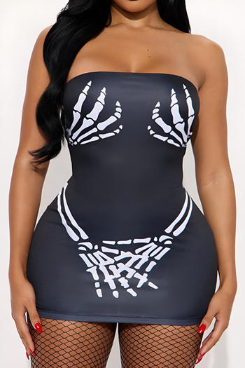 halloween sexy slight stretch skull graphic print tube design bodycon mini dress