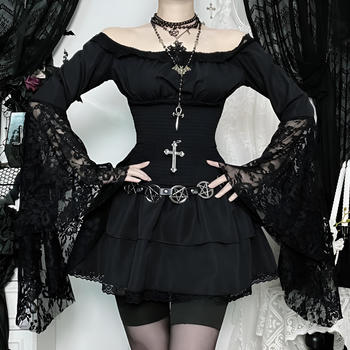 gothic style slight stretch off-shoulder lace splicing long-sleeved mini dress
