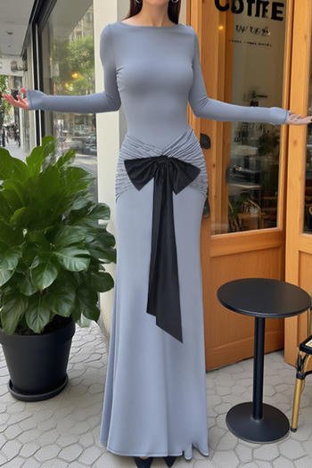 casual slight stretch slim fit pleated contrast color bow decor maxi dress