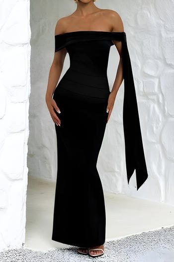 sexy slight stretch solid color off-shoulder slim slit pleated maxi dress