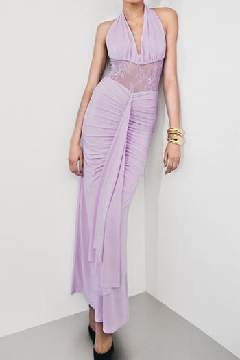 sexy slight stretch halter-neck stitching lace maxi dress