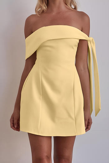 stylish slight stretch pure colour off shoulder lace-up mini dress