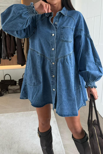 casual non-stretch denim lapel solid color mini dress