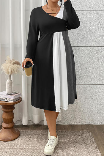 casual plus size slight stretch contrast color v-neck midi dress