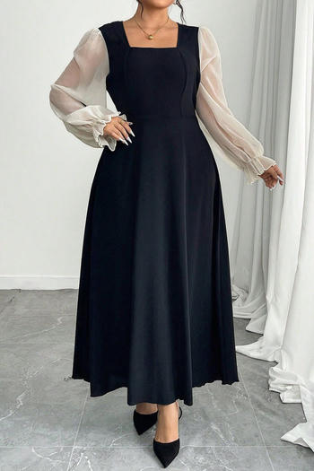 casual plus size non-stretch mesh splicing see-through long-sleeved maxi dress