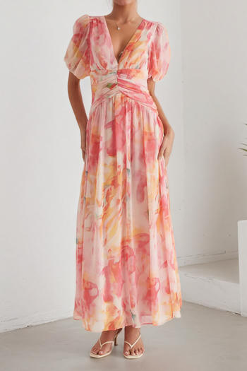 casual plus size non-stretch chiffon printed pleated maxi dress