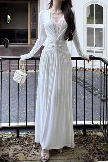 sexy slight stretch deep v-neck lace trim shirring maxi dress(size run small)