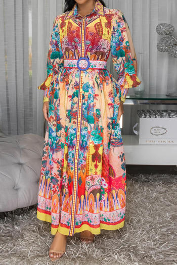 Casual plus size non-stretch printed lantern sleeve maxi dress with belt