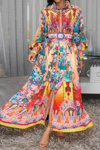 Casual plus size non-stretch printed lantern sleeve maxi dress with belt