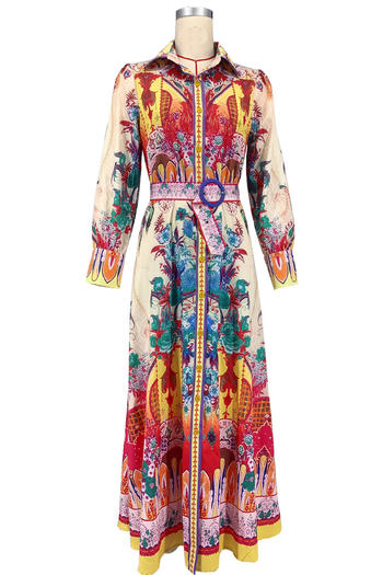 Casual plus size non-stretch printed lantern sleeve maxi dress with belt