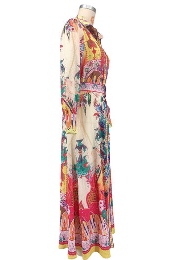 Casual plus size non-stretch printed lantern sleeve maxi dress with belt