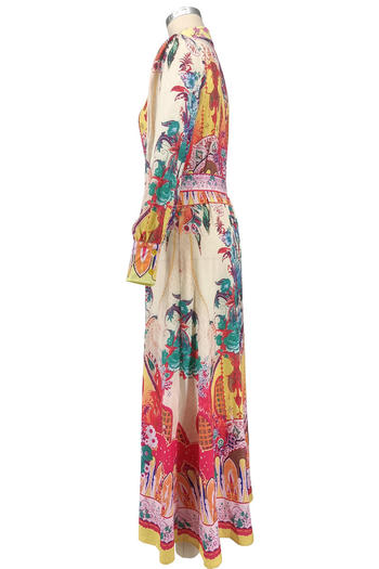 Casual plus size non-stretch printed lantern sleeve maxi dress with belt