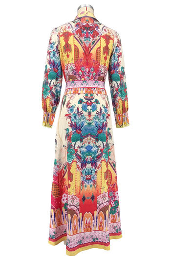 Casual plus size non-stretch printed lantern sleeve maxi dress with belt