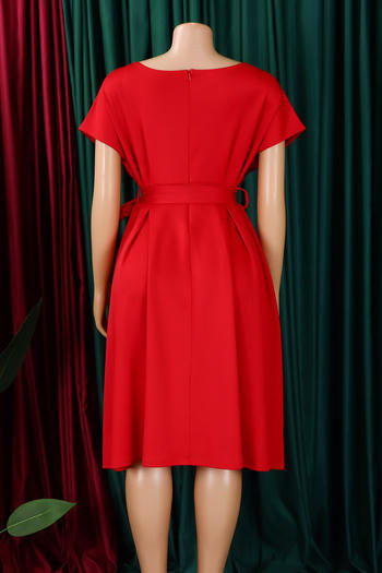 Casual plus size slight stretch solid color v-neck midi dress with belt