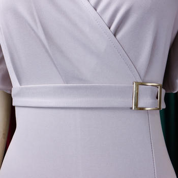 Casual plus size slight stretch lantern sleeve slim slit midi dress with belt