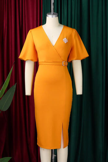 Casual plus size slight stretch lantern sleeve slim slit midi dress with belt