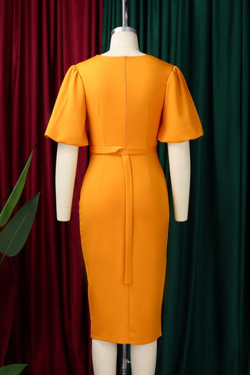 Casual plus size slight stretch lantern sleeve slim slit midi dress with belt