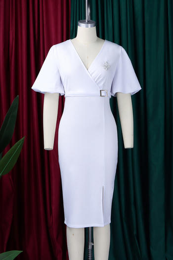 Casual plus size slight stretch lantern sleeve slim slit midi dress with belt