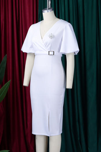 Casual plus size slight stretch lantern sleeve slim slit midi dress with belt