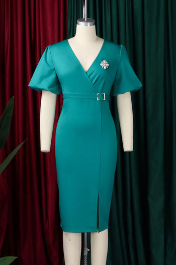 Casual plus size slight stretch lantern sleeve slim slit midi dress with belt