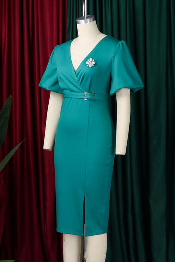 Casual plus size slight stretch lantern sleeve slim slit midi dress with belt