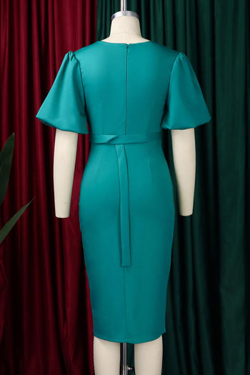 Casual plus size slight stretch lantern sleeve slim slit midi dress with belt