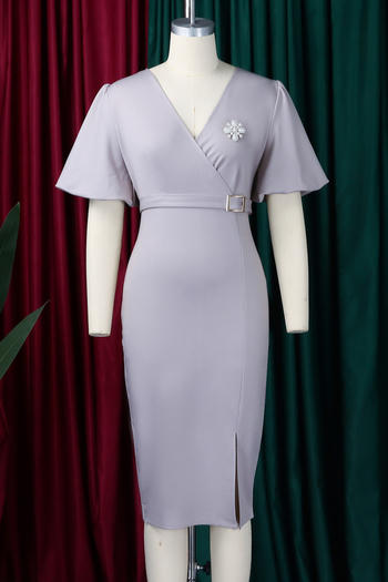 Casual plus size slight stretch lantern sleeve slim slit midi dress with belt