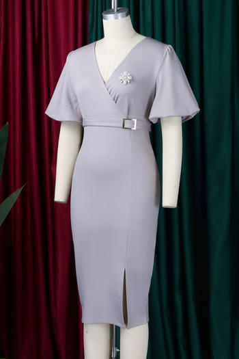 Casual plus size slight stretch lantern sleeve slim slit midi dress with belt